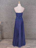 Vintage Blue Sweetheart Neck Embroidered Chiffon Long Prom Dresses Evening Dresses