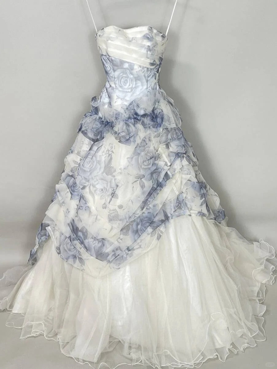 Vintage Blue & White Rose Print Layered Organza Train Prom Dress Sweet 16 Dress Main image