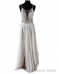 Vintage Boho V Neck Split Wedding Dress Lace Embroidery