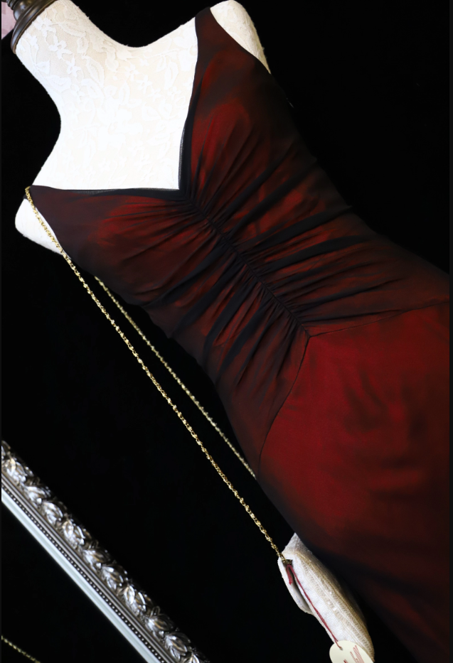 Vintage Bright Burgundy Mermaid V-Neck Ruched Satin Long Prom Dresses Evening Dresses