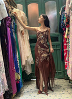 Vintage Brown Irregular Strap Beaded Sequined Prom Dresses Evening Dresses