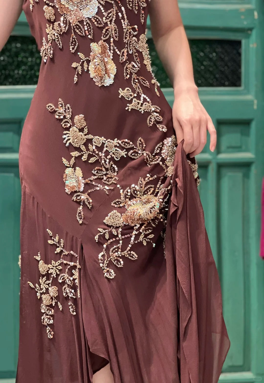 Vintage Brown Irregular Strap Beaded Sequined Prom Dresses Evening Dresses