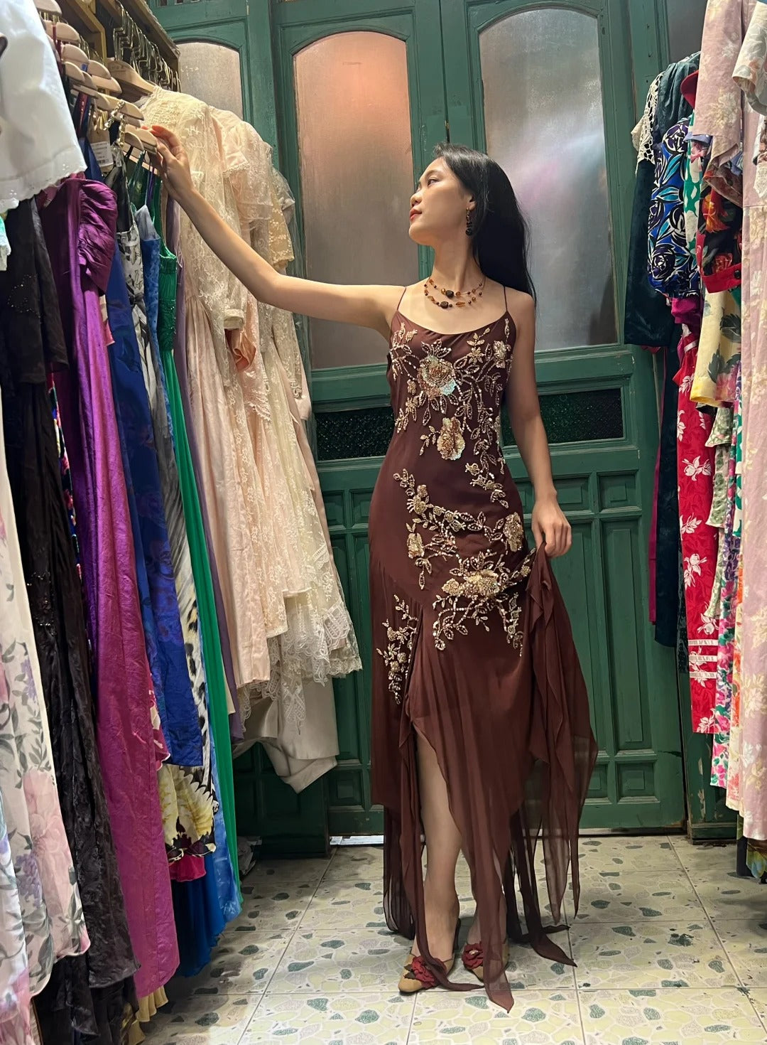 Vintage Brown Irregular Strap Beaded Sequined Prom Dresses Evening Dresses