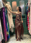 Vintage Brown Irregular Strap Beaded Sequined Prom Dresses Evening Dresses