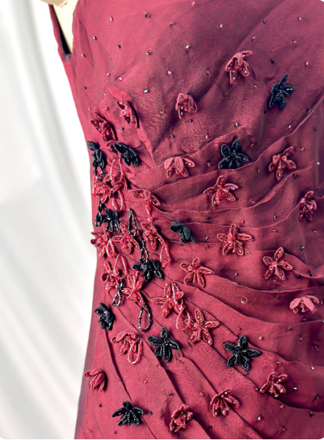 Vintage Burgundy 3D Beaded Flower Square Neck Chiffon Long Prom Dresses Evening Dresses