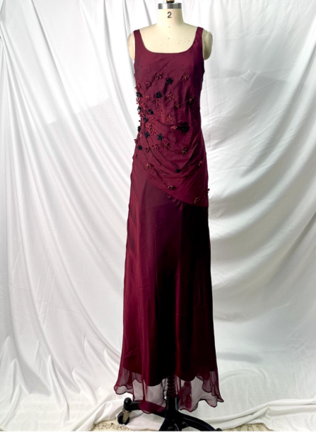 Vintage Burgundy 3D Beaded Flower Square Neck Chiffon Long Prom Dresses Evening Dresses