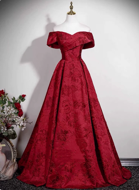 Vintage Burgundy A-Line Off-The-Shoulder Jacquard Satin Long Prom Dresses Evening Dresses