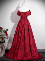 Vintage Burgundy A-Line Off-The-Shoulder Jacquard Satin Long Prom Dresses Evening Dresses