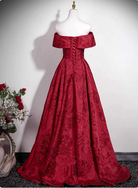 Vintage Burgundy A-Line Off-The-Shoulder Jacquard Satin Long Prom Dresses Evening Dresses