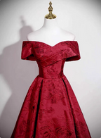 Vintage Burgundy A-Line Off-The-Shoulder Jacquard Satin Long Prom Dresses Evening Dresses