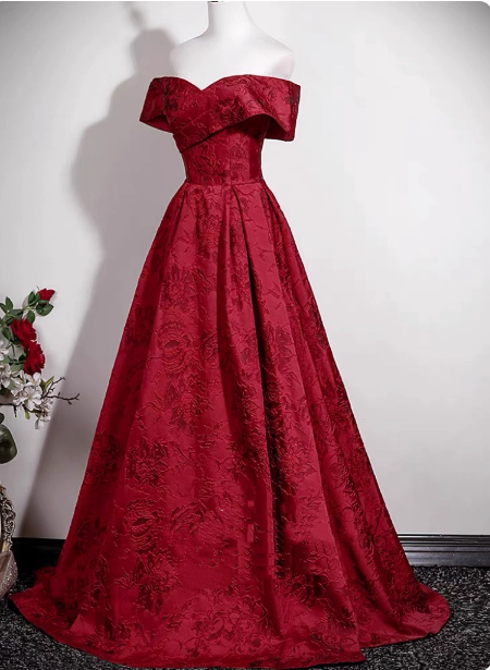 Vintage Burgundy A-Line Off-The-Shoulder Jacquard Satin Long Prom Dresses Evening Dresses