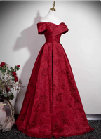 Vintage Burgundy A-Line Off-The-Shoulder Jacquard Satin Long Prom Dresses Evening Dresses