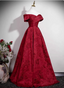 Vintage Burgundy A-Line Off-The-Shoulder Jacquard Satin Long Prom Dresses Evening Dresses