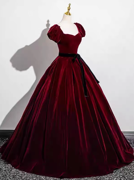 Vintage Burgundy A-Line Puff Sleeve Velvet Long Prom Dresses Evening Dresses Secondary image