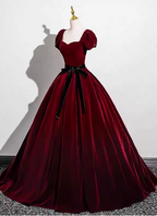 Vintage Burgundy A-Line Puff Sleeve Velvet Long Prom Dresses Evening Dresses