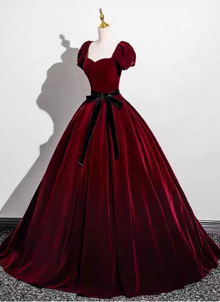 Vintage Burgundy A-Line Puff Sleeve Velvet Long Prom Dresses Evening Dresses