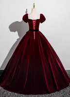 Vintage Burgundy A-Line Puff Sleeve Velvet Long Prom Dresses Evening Dresses
