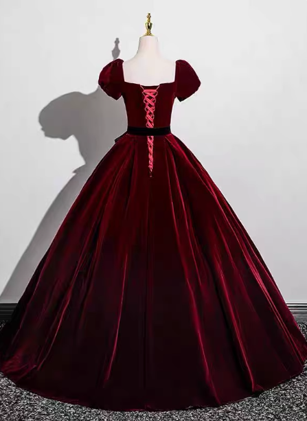 Vintage Burgundy A-Line Puff Sleeve Velvet Long Prom Dresses Evening Dresses