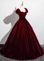 Vintage Burgundy A-Line Puff Sleeve Velvet Long Prom Dresses Evening Dresses