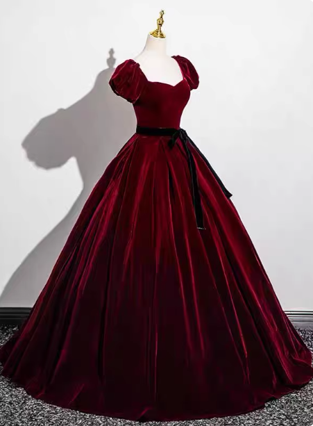 Vintage Burgundy A-Line Puff Sleeve Velvet Long Prom Dresses Evening Dresses
