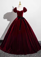 Vintage Burgundy A-Line Puff Sleeve Velvet Long Prom Dresses Evening Dresses