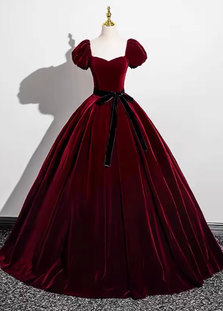 Vintage Burgundy A-Line Puff Sleeve Velvet Long Prom Dresses Evening Dresses