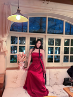 Vintage Burgundy A-Line Strapless Satin Long Prom Dresses Evening Dresses