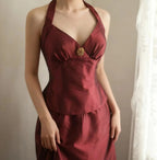 Vintage Burgundy Halter Neck Mermaid Satin Long Prom Dresses Evening Dresses