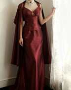 Vintage Burgundy Halter Neck Mermaid Satin Long Prom Dresses Evening Dresses