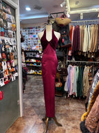 Vintage Burgundy Halter Neck Velvet Satin Long Prom Dresses Evening Dresses