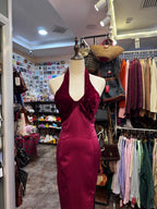 Vintage Burgundy Halter Neck Velvet Satin Long Prom Dresses Evening Dresses