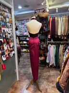 Vintage Burgundy Halter Neck Velvet Satin Long Prom Dresses Evening Dresses