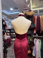 Vintage Burgundy Halter Neck Velvet Satin Long Prom Dresses Evening Dresses