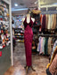 Vintage Burgundy Halter Neck Velvet Satin Long Prom Dresses Evening Dresses