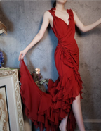 Vintage Burgundy Mermaid Deep V-Neck Layered Ruffle Chiffon Long Prom Dresses Evening Dresses
