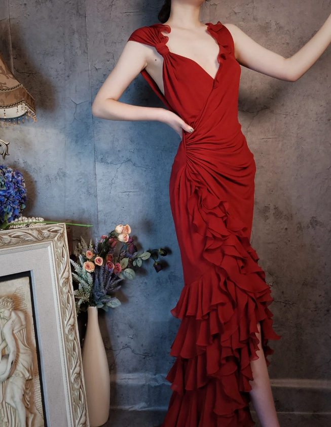 Vintage Burgundy Mermaid Deep V-Neck Layered Ruffle Chiffon Long Prom Dresses Evening Dresses