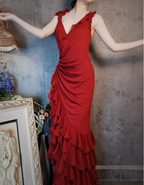 Vintage Burgundy Mermaid Deep V-Neck Layered Ruffle Chiffon Long Prom Dresses Evening Dresses