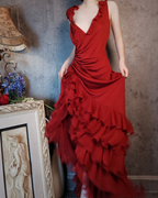 Vintage Burgundy Mermaid Deep V-Neck Layered Ruffle Chiffon Long Prom Dresses Evening Dresses