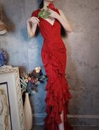 Vintage Burgundy Mermaid Deep V-Neck Layered Ruffle Chiffon Long Prom Dresses Evening Dresses