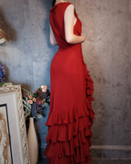 Vintage Burgundy Mermaid Deep V-Neck Layered Ruffle Chiffon Long Prom Dresses Evening Dresses