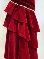 Vintage Burgundy Mermaid Spaghetti Strap Ruffle Velvet Prom Dresses Evening Dresses