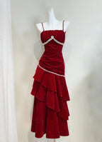 Vintage Burgundy Mermaid Spaghetti Strap Ruffle Velvet Prom Dresses Evening Dresses
