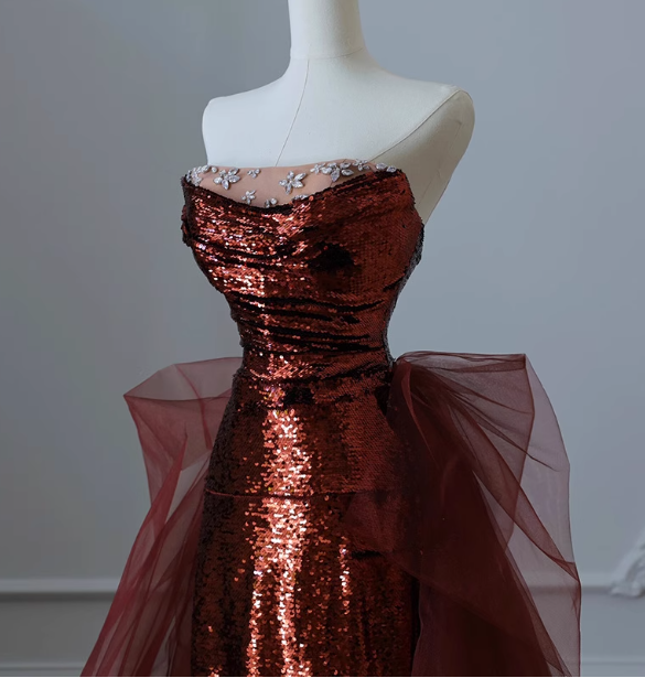 Vintage Burgundy Mermaid Strapless Tulle Sequined Train Prom Dresses Evening Dresses Secondary image
