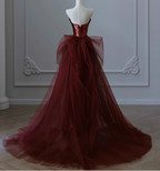 Vintage Burgundy Mermaid Strapless Tulle Sequined Train Prom Dresses Evening Dresses