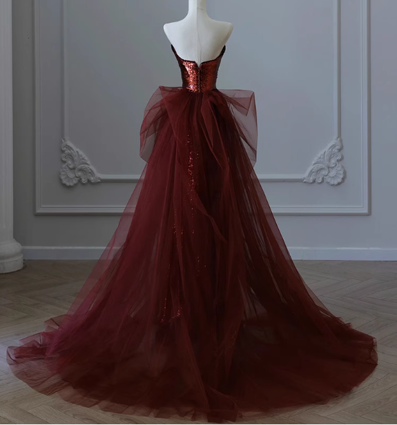 Vintage Burgundy Mermaid Strapless Tulle Sequined Train Prom Dresses Evening Dresses