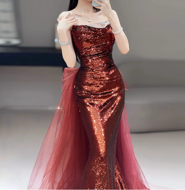 Vintage Burgundy Mermaid Strapless Tulle Sequined Train Prom Dresses Evening Dresses
