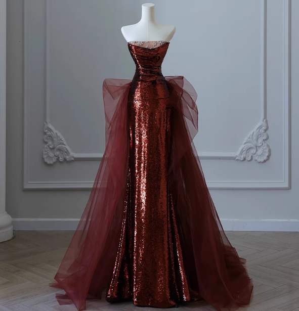 Vintage Burgundy Mermaid Strapless Tulle Sequined Train Prom Dresses Evening Dresses Main image