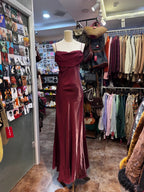 Vintage Burgundy Spaghetti Strap Halter Neck Satin Long Prom Dresses Evening Dresses