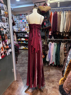 Vintage Burgundy Spaghetti Strap Halter Neck Satin Long Prom Dresses Evening Dresses