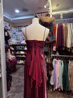 Vintage Burgundy Spaghetti Strap Halter Neck Satin Long Prom Dresses Evening Dresses